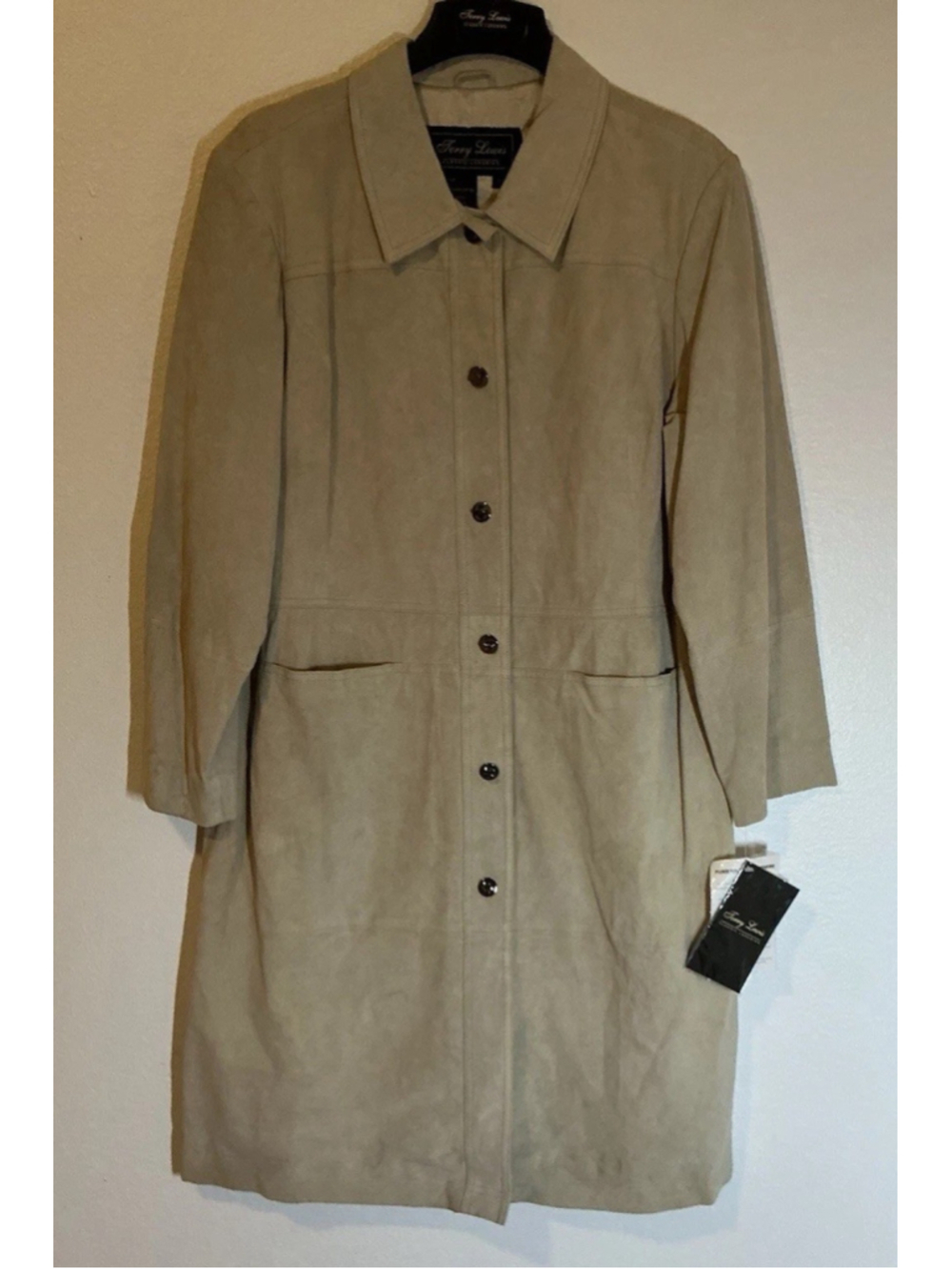 NWT Terry Lewis Classic Luxuries Suede Leather Trench Coat 1X Tan Beige Long.